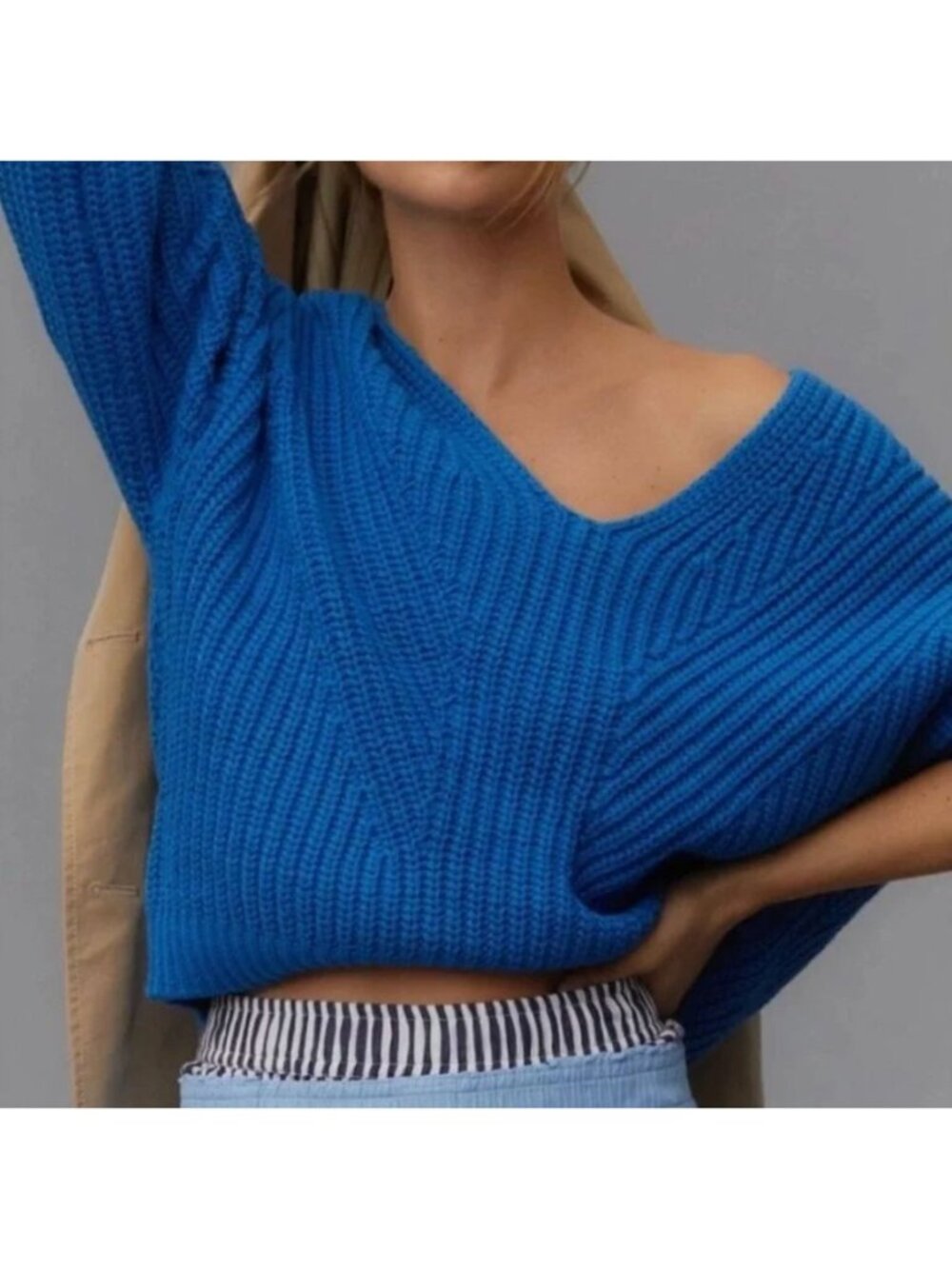 Anthropologie Maeve V-Neck Pullover Blue Slouchy Sweater Chunky Crop-sz Large